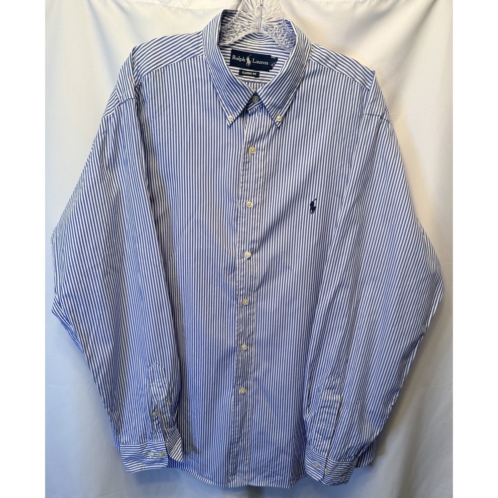 Ralph Lauren Classic Fit Size‎ 17.5 36-37 3XL LS Shirt Blue White Stripe Preppy
